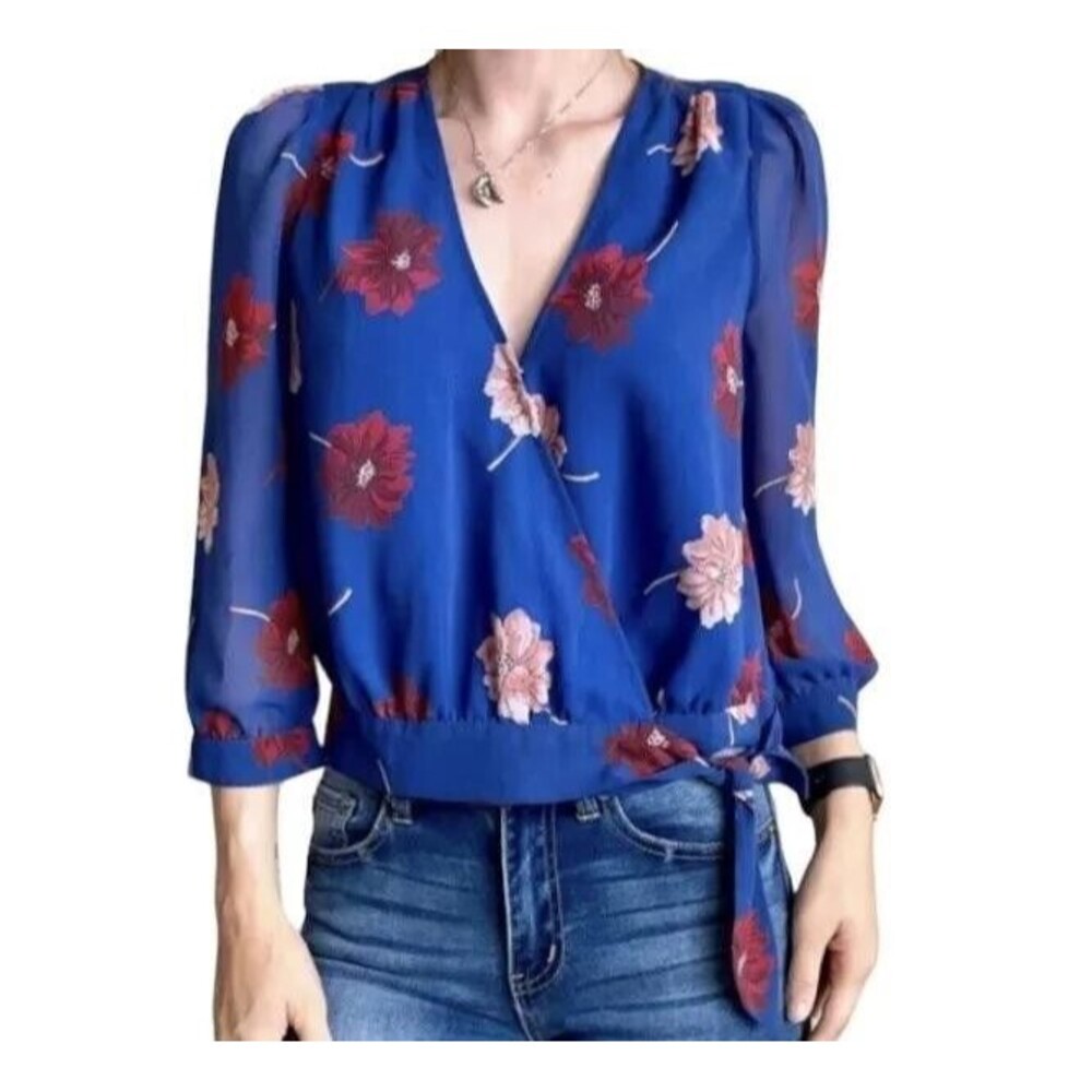 Madewell Women's Effie Blue Floral Woven Wrap Top Sz XS